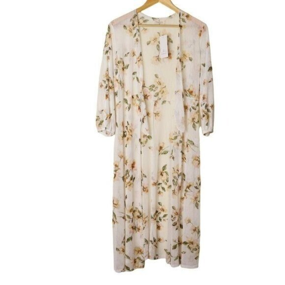 Ember Other - Long Sheer Kimono Womens Size Medium White Pink Floral Open Front NEW